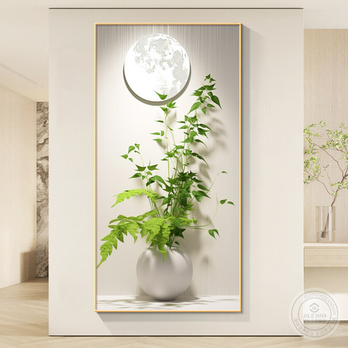 小清新绿c植玄关装饰画走廊过道壁画客厅入户进门竖版现代简约挂