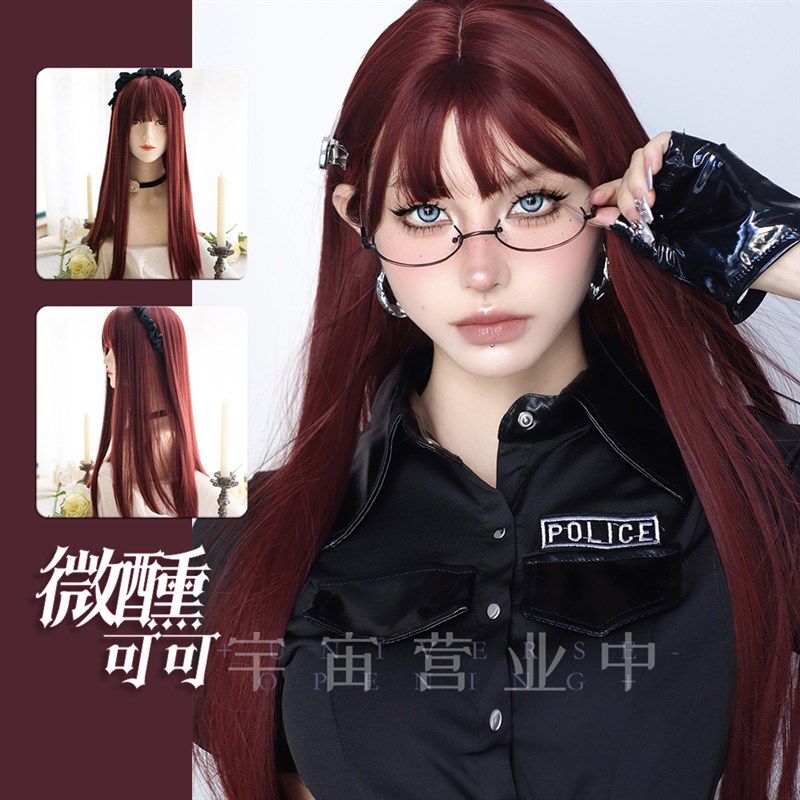 微醺可可葡萄酒红暗红齐刘海高温丝自然日常逼真网红假发