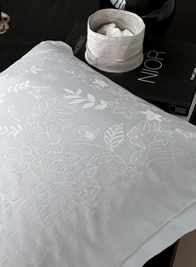 100支长绒棉提花花朵浅云蓝四件套1.D5m1.8米全棉床单被套裸睡丝