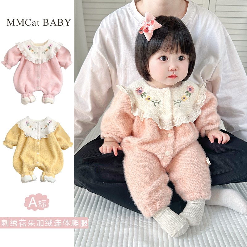 新生婴儿加绒连体衣秋冬季韩版爬服女宝宝包屁衣花朵外出长爬冬装