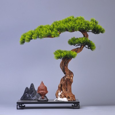 新中式仿真盆景迎客松摆件玄关客厅家居办公室酒店软装茶桌装饰品