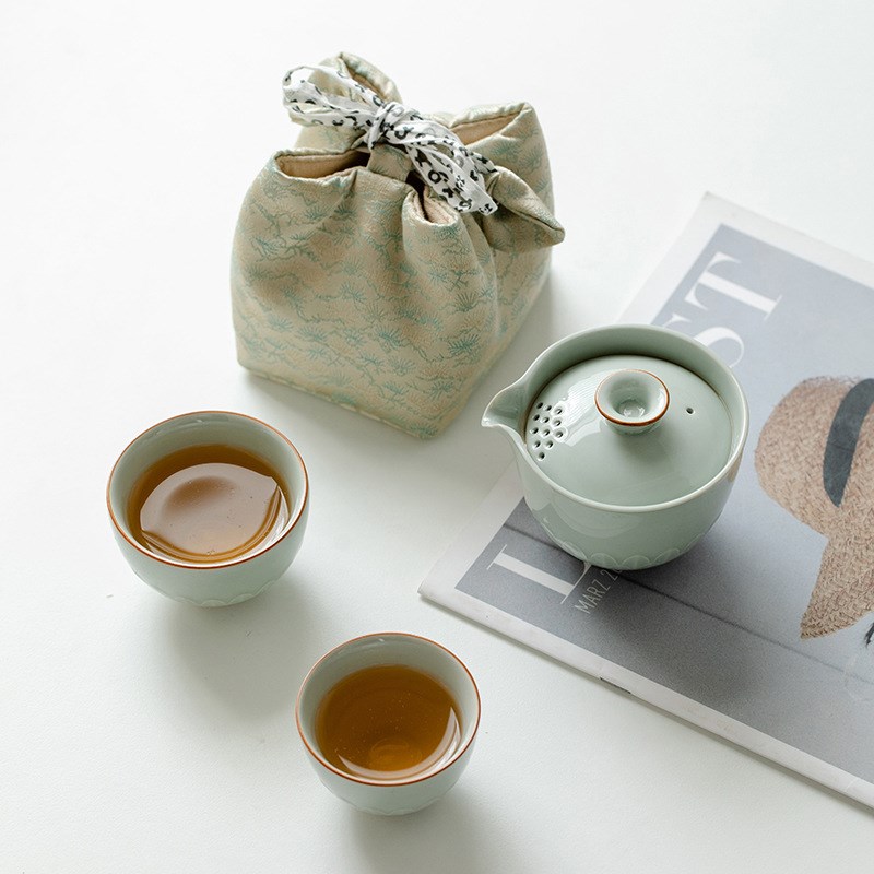 青瓷莲瓣户外旅行茶具快客杯套装便携式包一壶二杯单人功夫泡茶