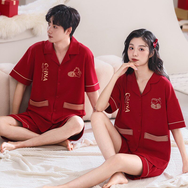 情侣睡衣男士女款夏季纯棉短袖套装结婚新婚红色夏天本命年家居服