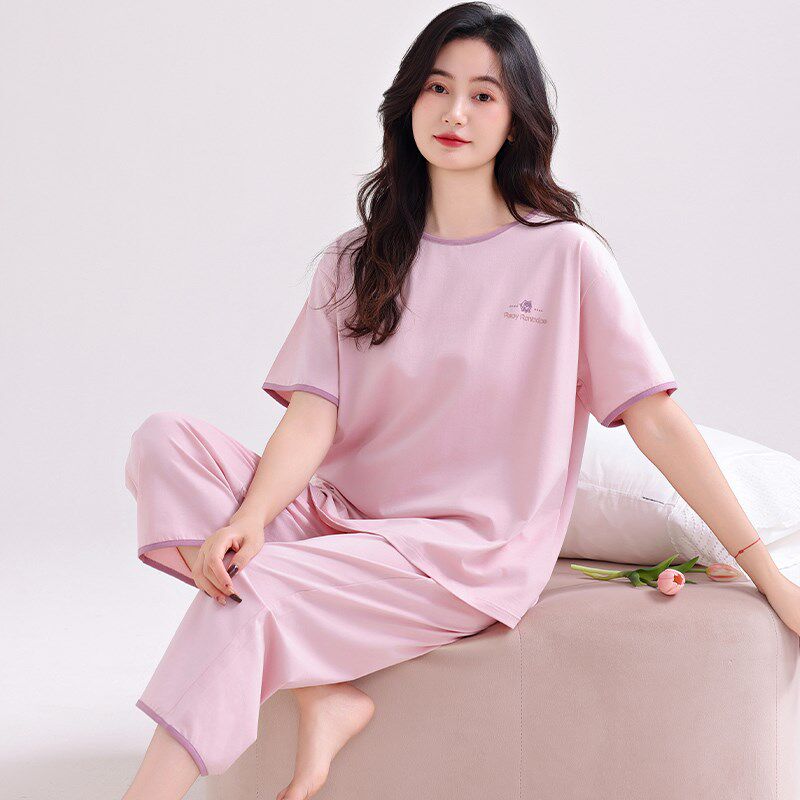睡衣女夏纯棉薄款短袖七分裤休闲套装宽松大码带胸垫家居服可外穿
