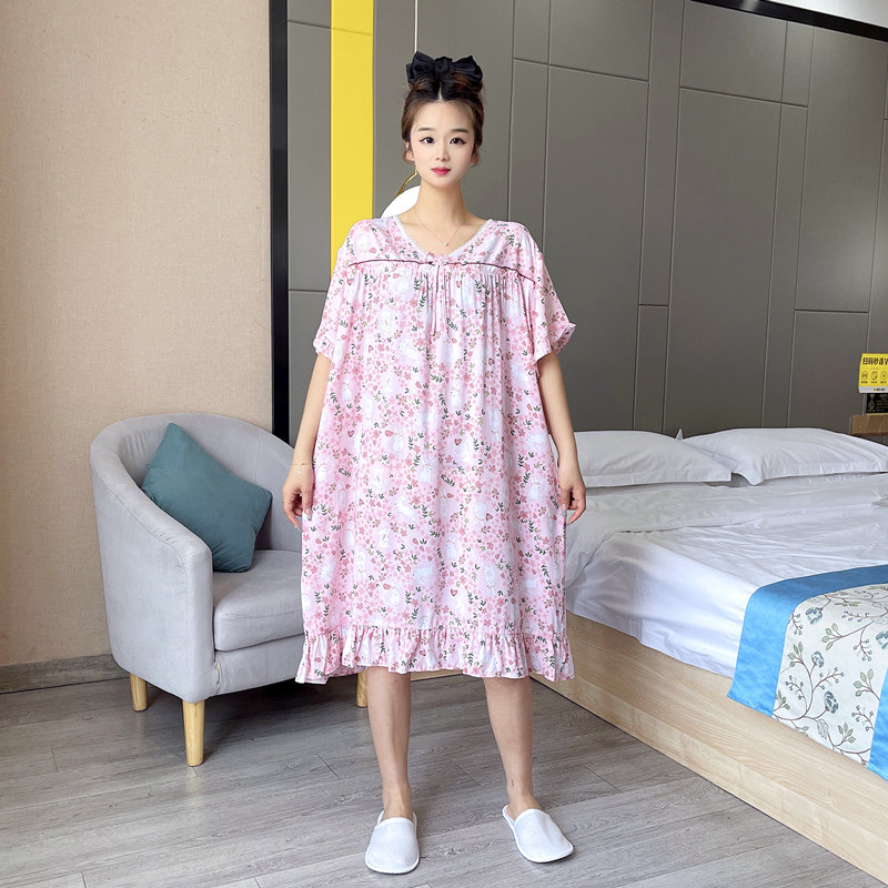 碎花睡裙女V领大尺码胖mm棉绸薄款夏季短袖甜美花边孕妇睡衣家居