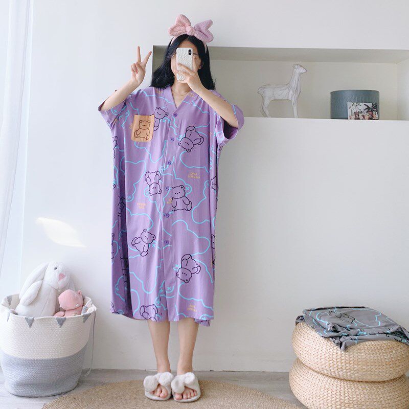 卡通V领短袖夏季纯棉加长款睡裙开衫加肥加大码孕妇胖MM200斤睡衣