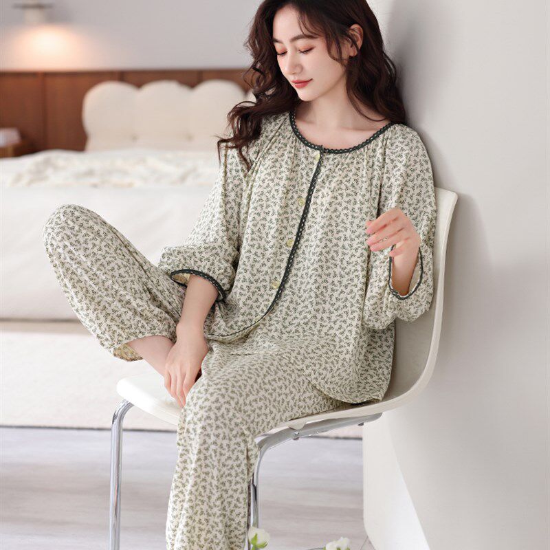 2024新款睡衣女士春夏款纯棉女款九分袖夏季薄款小碎花家居服套装