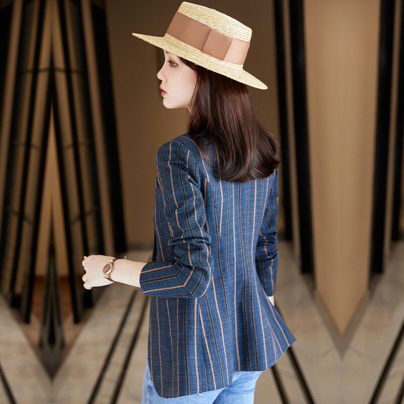 条纹西装外套女小个子短款2025新款春秋韩版休闲百搭气质西服上衣
