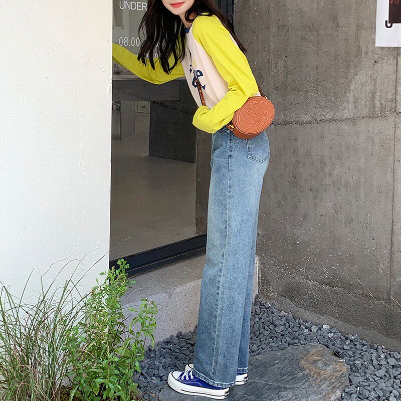 布琳家阔腿牛仔裤女高腰宽松直筒2024秋冬新款浅色小个子裤子加绒