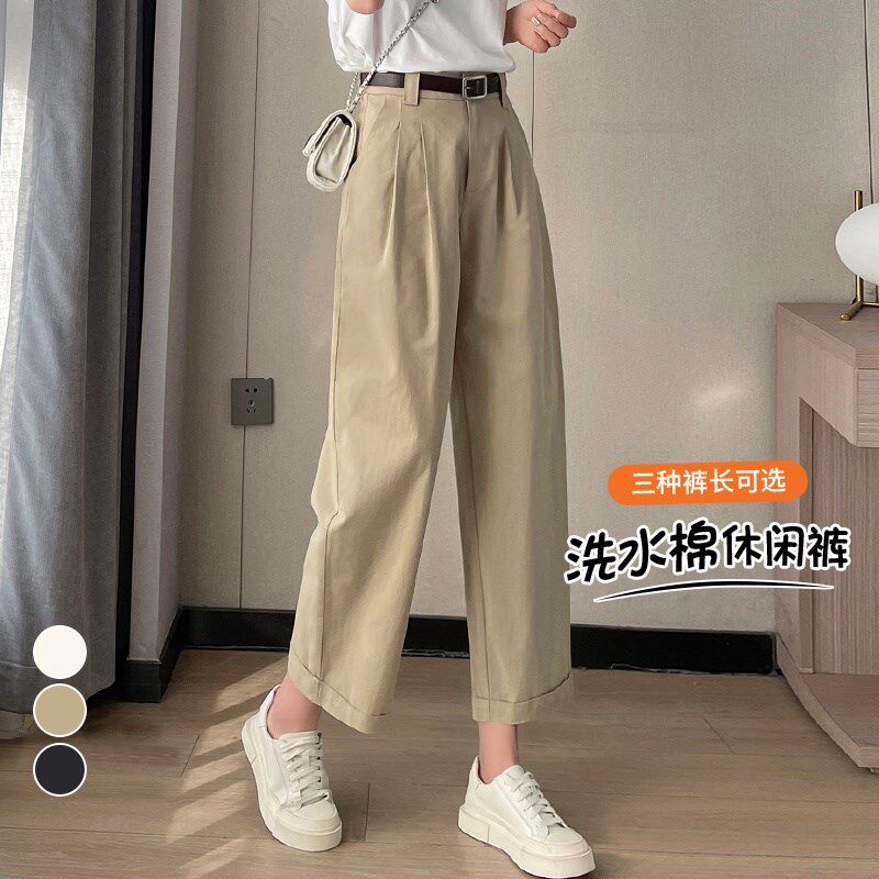 卡其色工装哈伦裤女春夏大码胖mm高腰日系休闲直筒镰刀裤老爹裤子