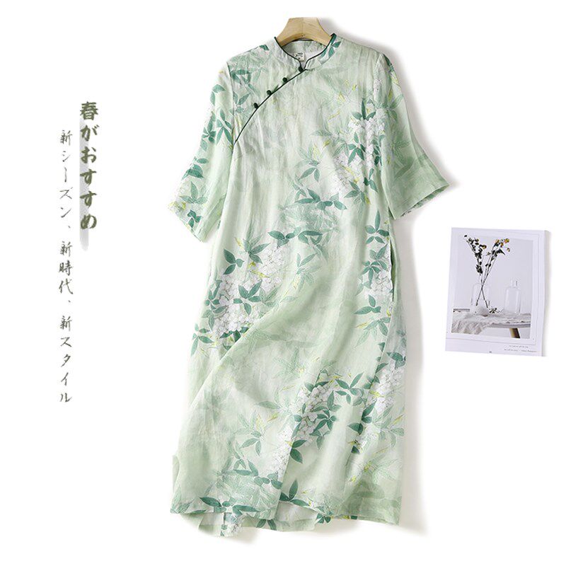 改良旗袍夏季苎麻通勤复古文艺棉麻中式连衣裙中长款过膝百搭裙子