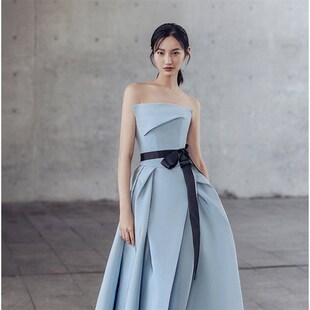 2024新款 公主抹胸齐地晚宴年会礼服演出成年 简约缎面婚纱礼服时尚