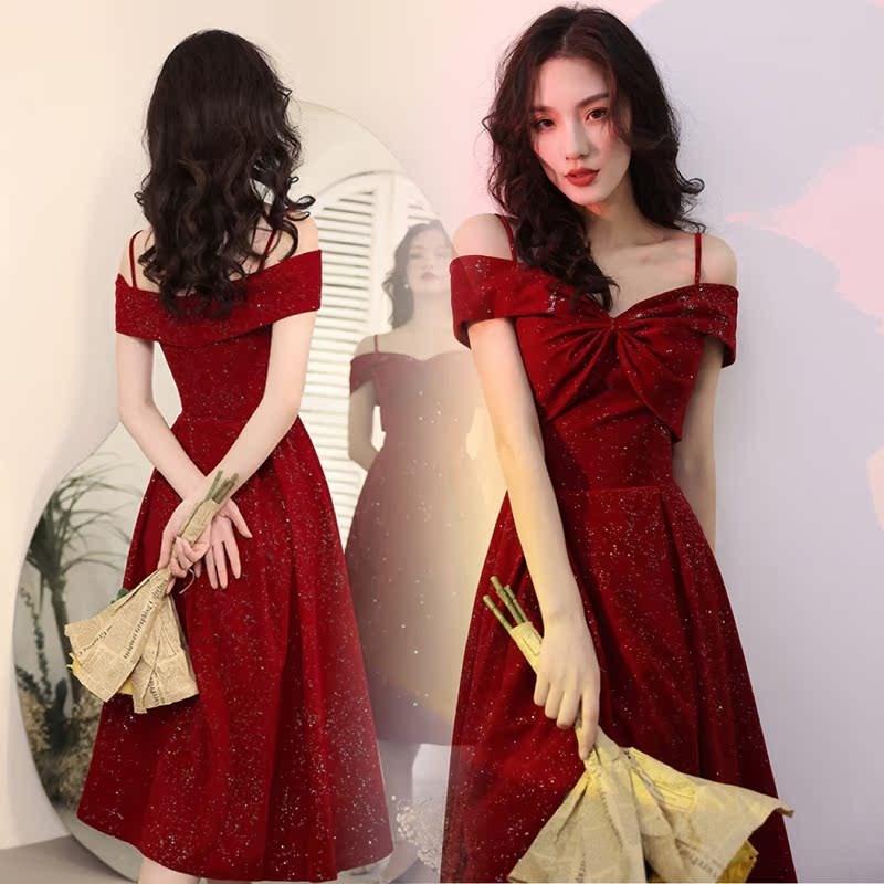 红色敬酒服新娘连衣裙女春秋小个子吊带显瘦回门订婚礼服平时可穿