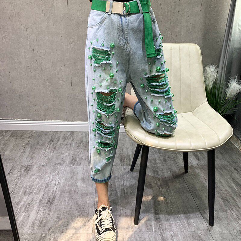钉珠大破洞牛仔裤女薄款小脚裤百搭显瘦九分宽松高腰乞丐哈伦裤子