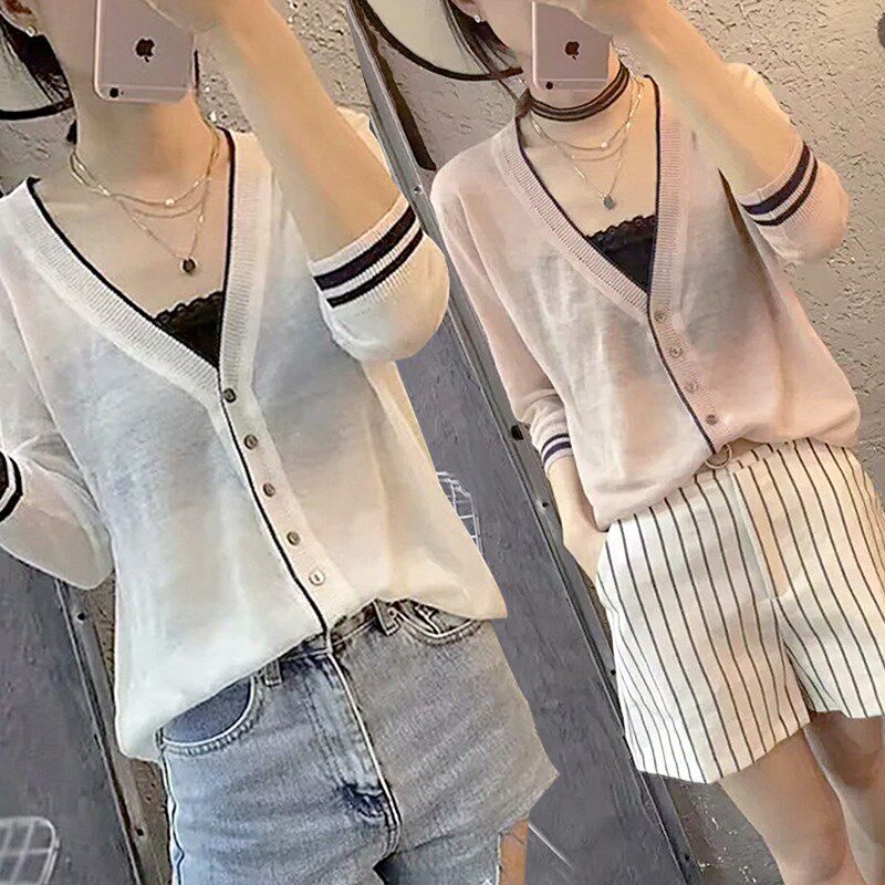 外搭开衫女薄款冰丝针织防晒衫短款宽松甜美V领春夏季空调衫外套