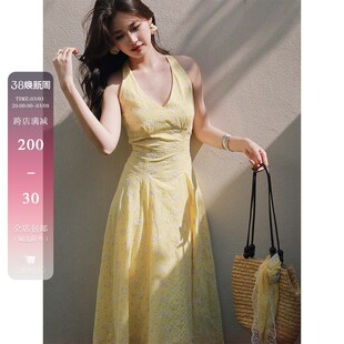 Haze禾枝 港风刺绣V领挂脖无袖绑带收腰a字连衣裙夏日绝美小裙子