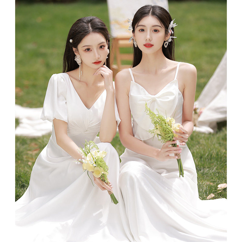 白色伴娘服秋冬2024新款平时可穿姐妹团礼服高级感小众订婚连衣裙