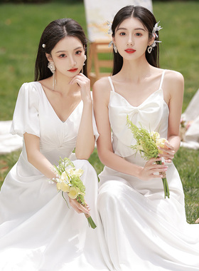 白色伴娘服秋冬2024新款平时可穿姐妹团礼服高级感小众订婚连衣裙