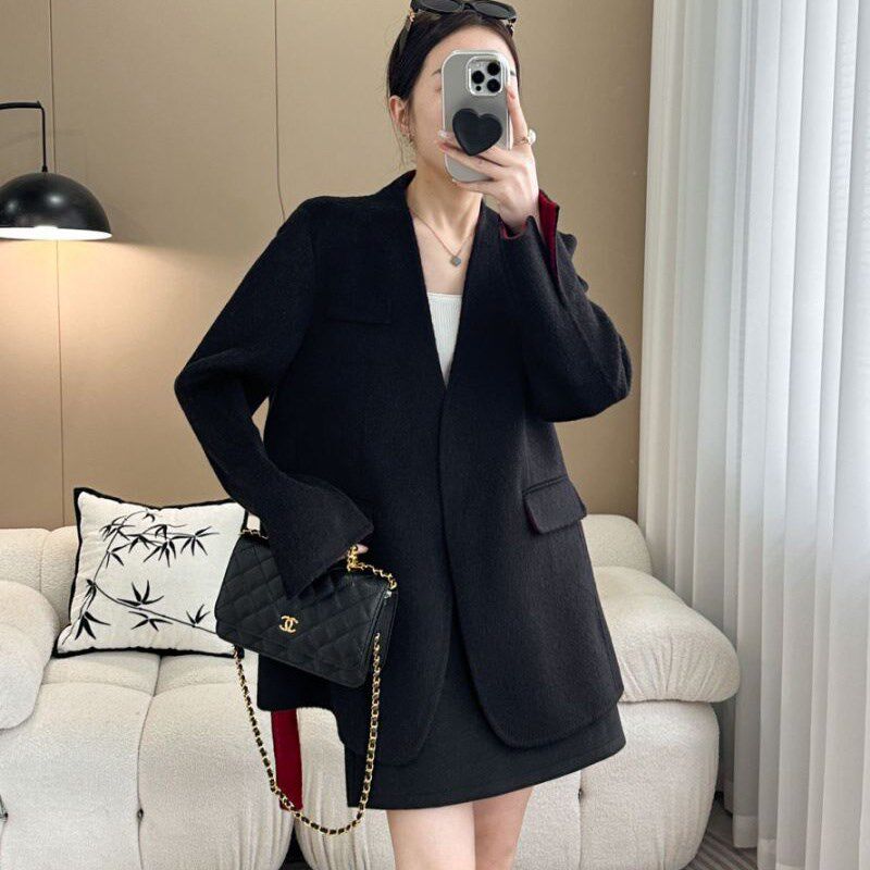 气质双面羊绒大衣女中长款2024新款韩版撞色V领系带显瘦毛呢外套