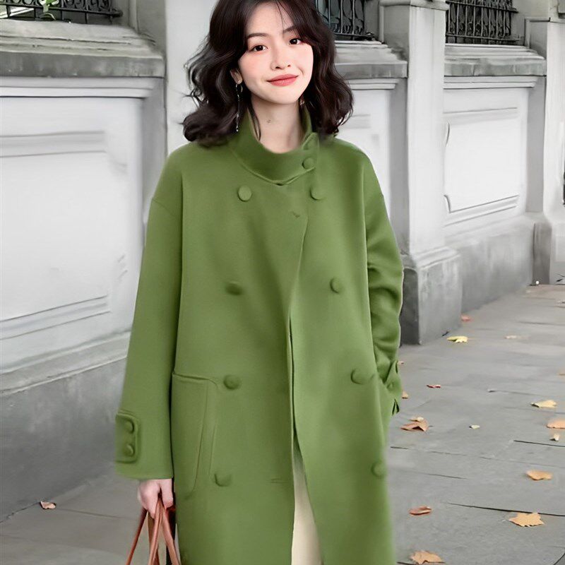 100%羊毛自制港风复古立领双排扣双面呢子大衣中长款毛呢外套女冬