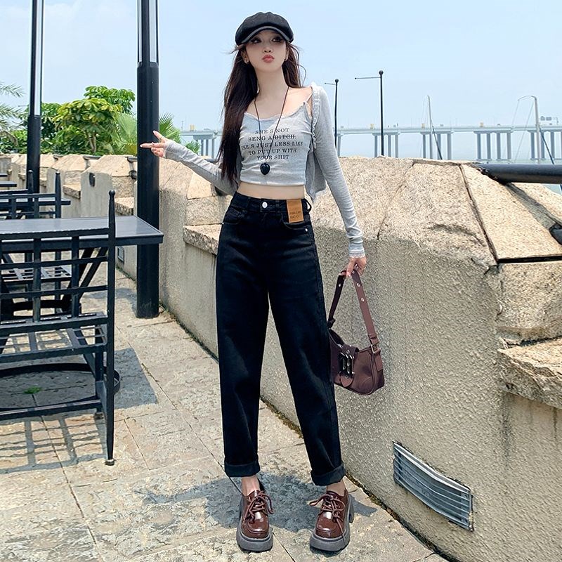 黑色哈伦牛仔裤女2025年春季新款大码胖mm高腰弹力显瘦萝卜老爹裤