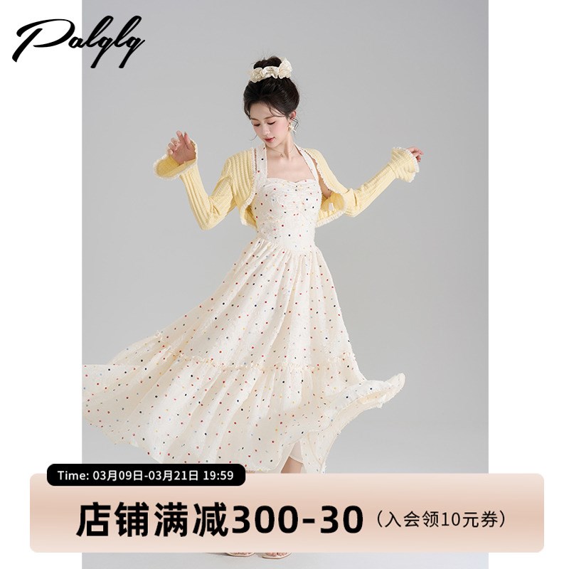 高级感法式挂脖波点连衣裙女夏季今年流行爆款掐腰显瘦过膝长裙子