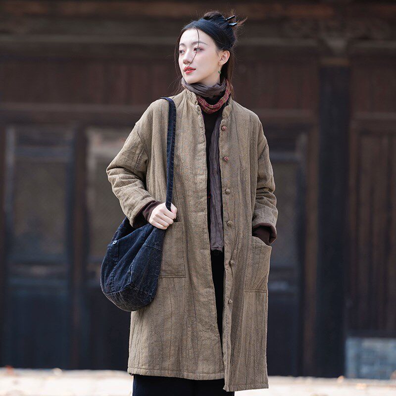 新中式棉服女冬装苎麻盘扣长款棉衣复古中国风禅修服棉麻夹棉外套