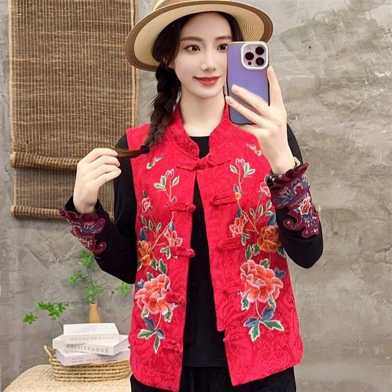 民族风绣花马夹女棉麻短款坎肩文艺范复古唐装中国风春秋背心马甲
