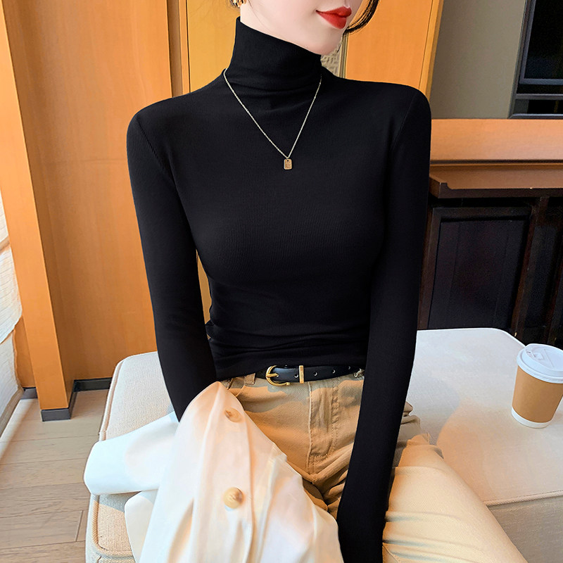 黑色半高领打底衫女内搭春秋冬季2024年新款洋气长袖薄款针织上衣