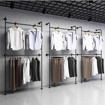 服装店上墙落地式哑光黑展示架陈列架男装店专用双层挂衣架鞋包架