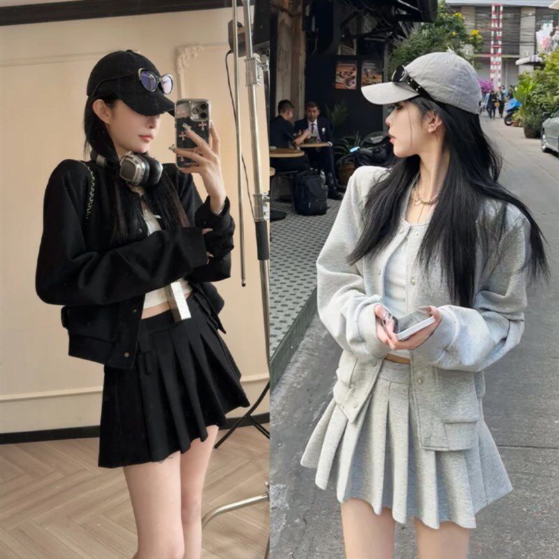 美式时尚运动休闲卫衣套装女早秋小个子短款外套百褶半身裙两件套