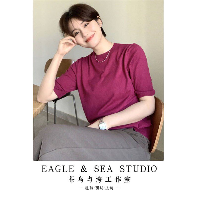 论颜色我就赢了~梅子红小圆领套头宽松休闲短袖针织衫女上衣春夏