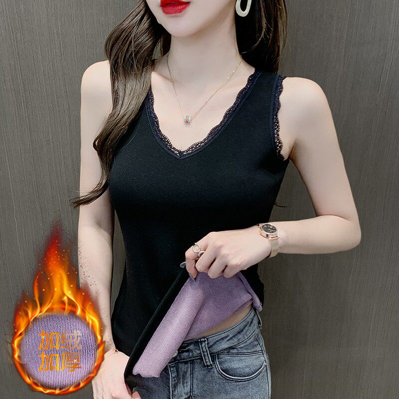 秋冬季保暖背心女士螺纹加绒加厚修身低领蕾丝大码无袖内搭一体绒