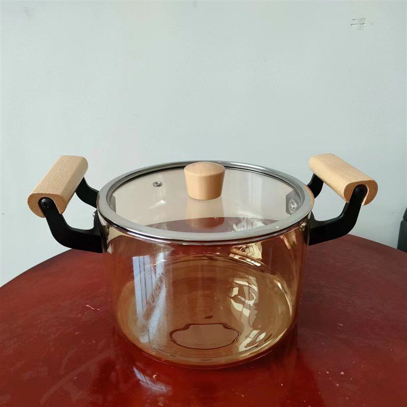 高硼硅玻璃耐高温耐热电陶炉汤锅木把煮面锅O简约透明加厚带盖汤