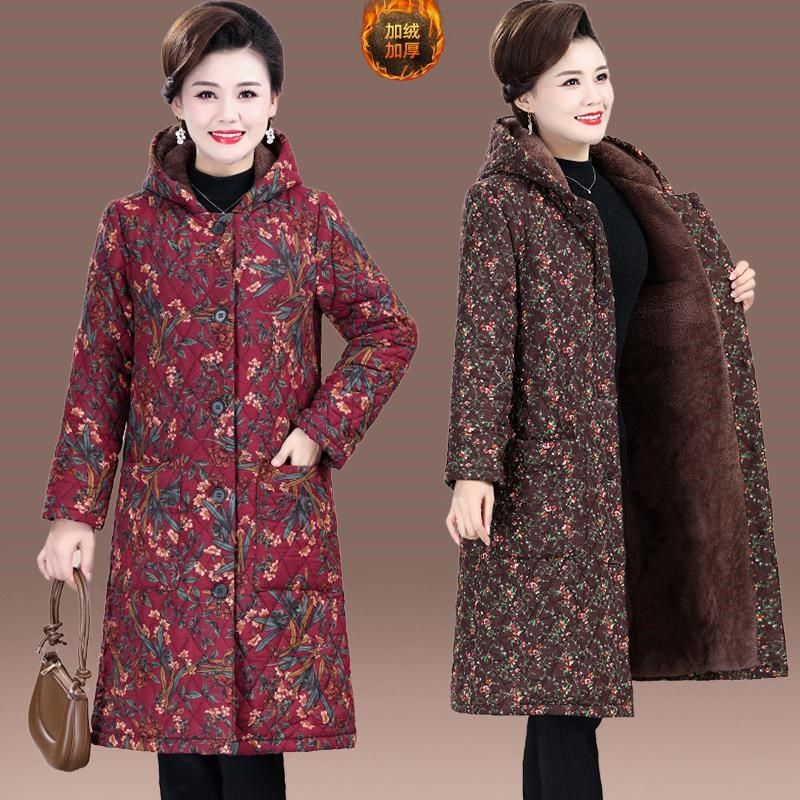 妈妈冬季加绒加厚棉衣女中长款碎花棉服大衣中老年女长款连帽棉袄