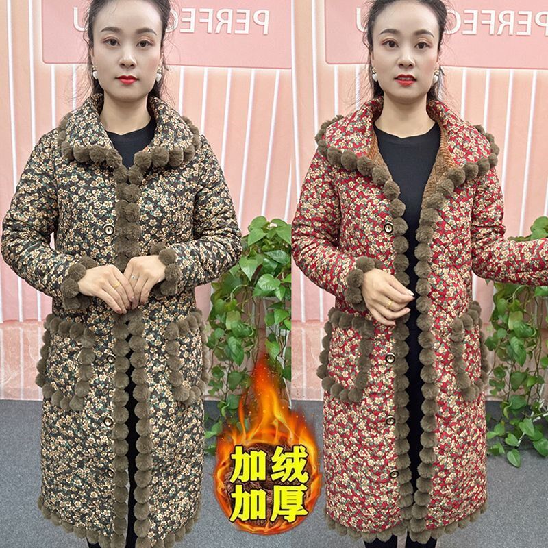 妈妈冬装加绒加厚高档棉衣外套宽松中老年女棉服长款过膝连帽棉袄