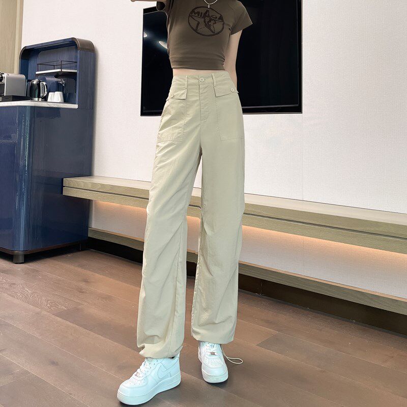 美式直筒工装裤女夏季薄款速干裤登山裤高腰宽松显瘦窄版休闲裤子