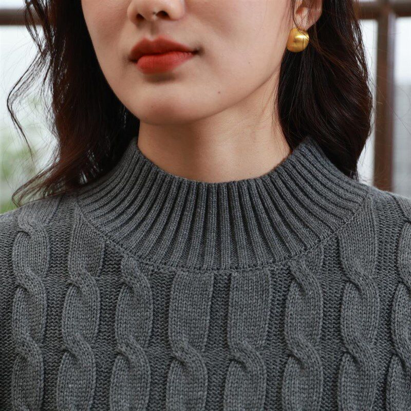 纯棉厚毛衣针织衫女全棉麻花半高领加厚宽松中领棉线高档正肩秋冬