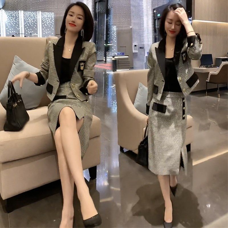 网红气质时尚套装女24春秋西装领短外套半身裙亮晶晶设计感两件套