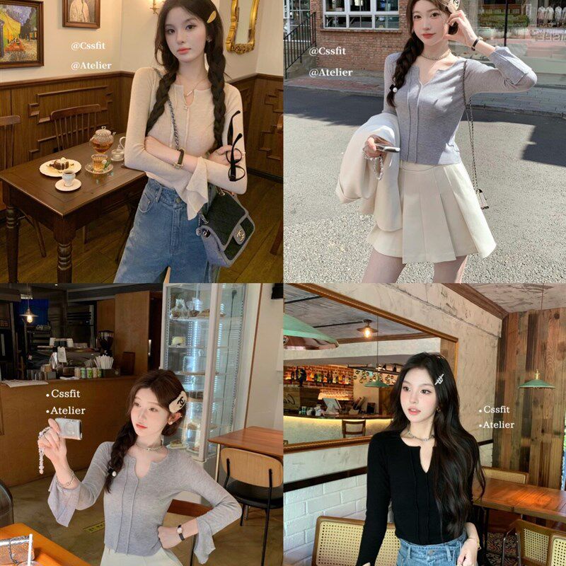 迟伞伞 开衩设计修身上衣显瘦打底羊毛针织衫软糯百搭打底衫女