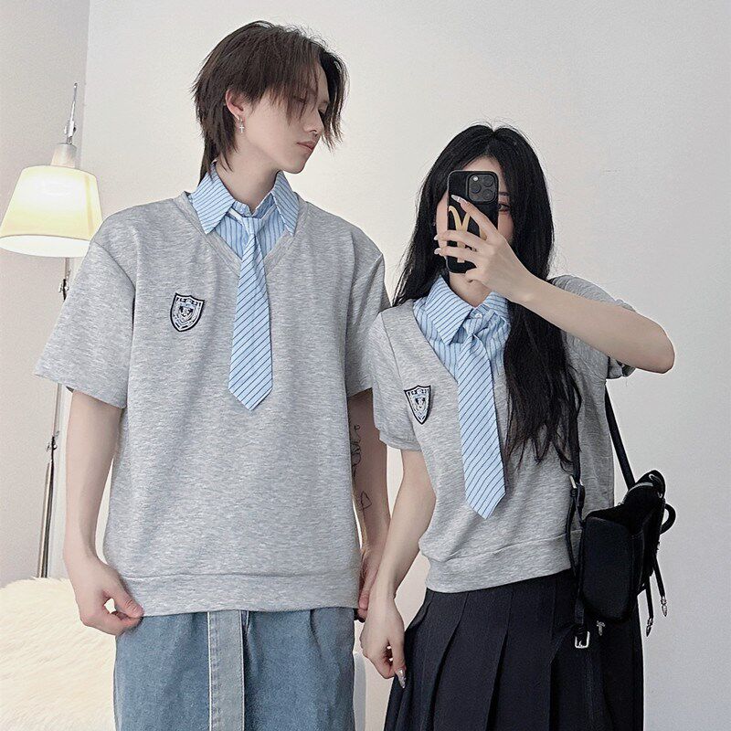 情侣装2025新款夏季设计感假y两件学院风学生百搭运动会班服套装