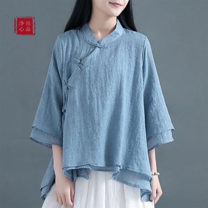 春季棉麻立领偏襟盘扣女上衣双层薄纱开衫中式茶服国风七分袖小衫
