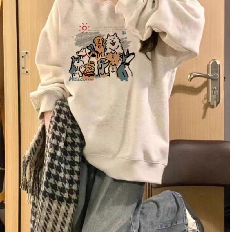 100%纯棉白灰色圆领卫衣女秋冬季加绒加厚美式复古慵懒风无帽上衣