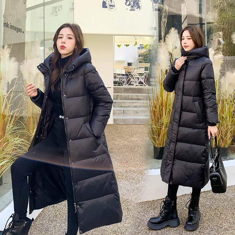 2021新款轻薄超长款过膝女羽绒棉服冬季简约黑色亮面修身棉衣外套