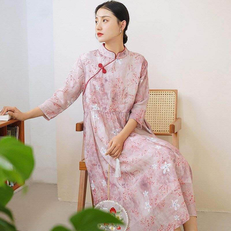 新中式棉麻女装苎麻连衣裙2023春秋季新款立领国风复古改良旗袍