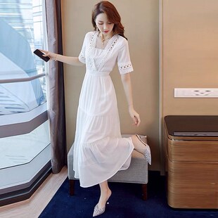 大码 白色长裙子女夏 仙气连衣裙胖mm显瘦高级感气质小个子雪纺法式