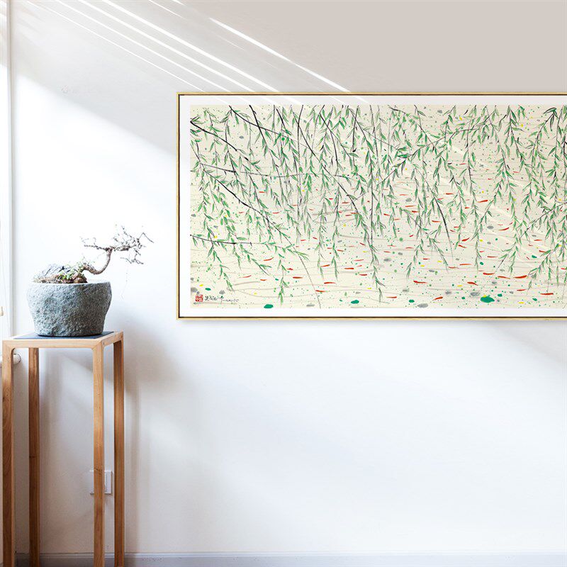 吴冠中新中式装饰画 客厅背景墙壁画 卧室床头画 U茶室挂画柳树鱼