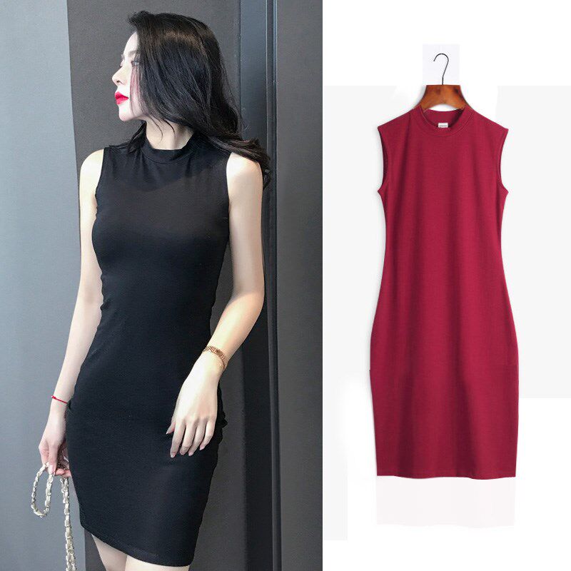 黑色背心裙秋冬无袖半高领打底连衣裙年会主持人礼服女中领中长款