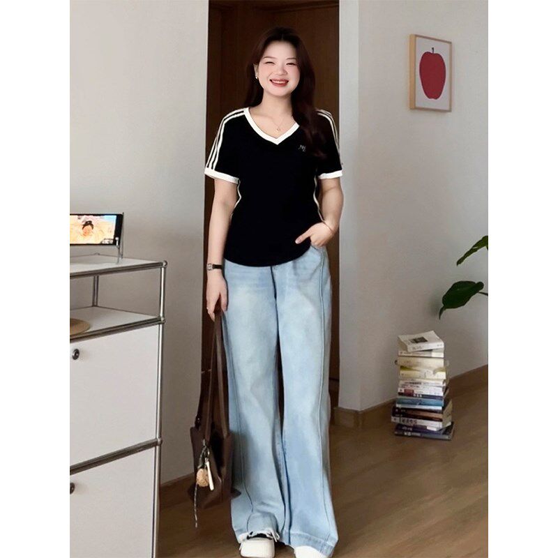微胖的喵喵 大码女装梨形春夏显瘦休闲百搭高腰微喇叭牛仔裤 0169