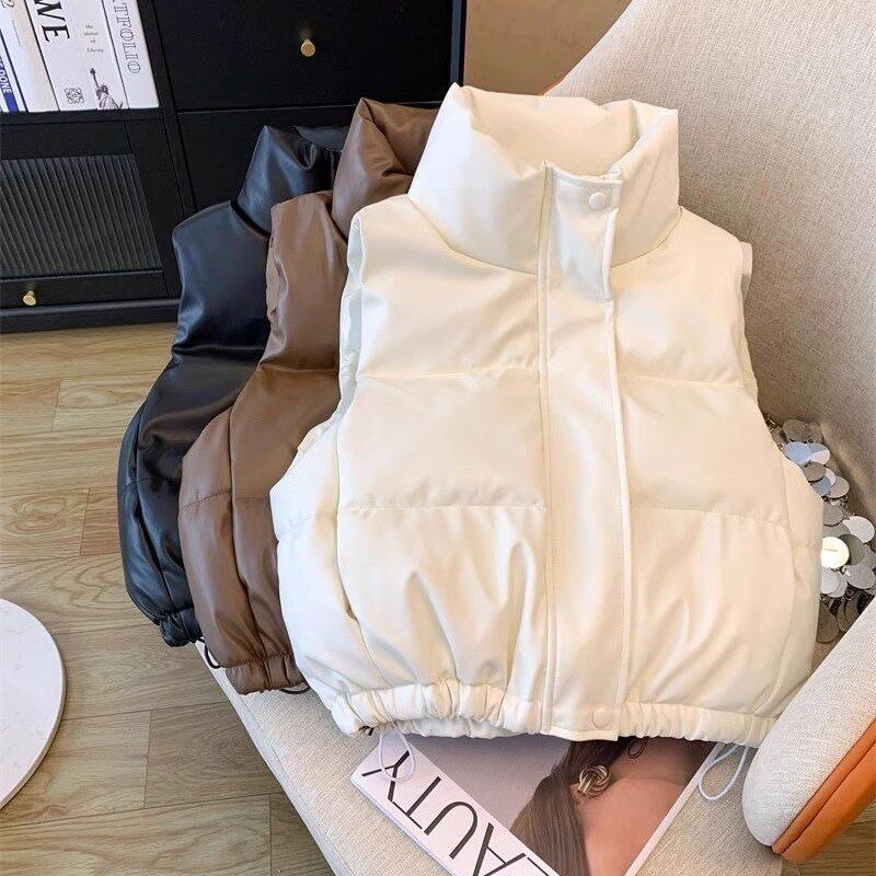 PU皮小个子马甲显瘦立领羽绒棉服背心百搭加厚洋气皮坎肩马夹外套